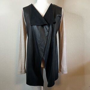 Zara Knit Mixed Media Open Front Waterfall Cardigan Tan and Faux Black Leather